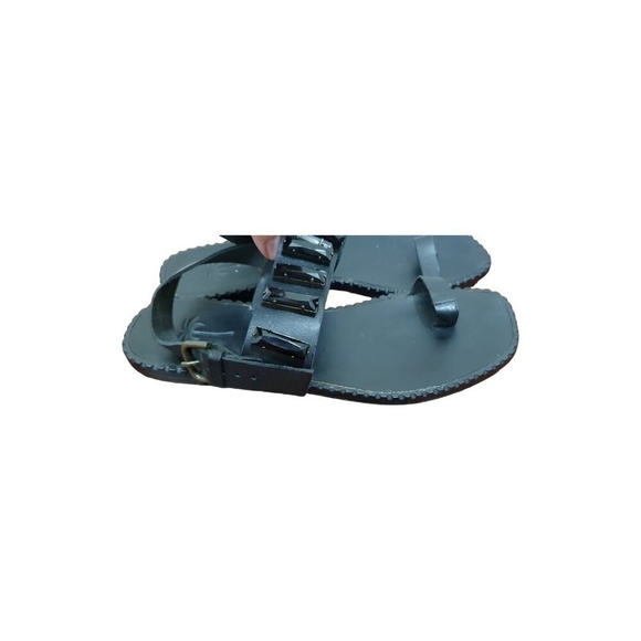 Tomas Maier Black Jewel Sandal Toe Loop Ring Gladiator Flat Boho Size 8 - Picture 7 of 13